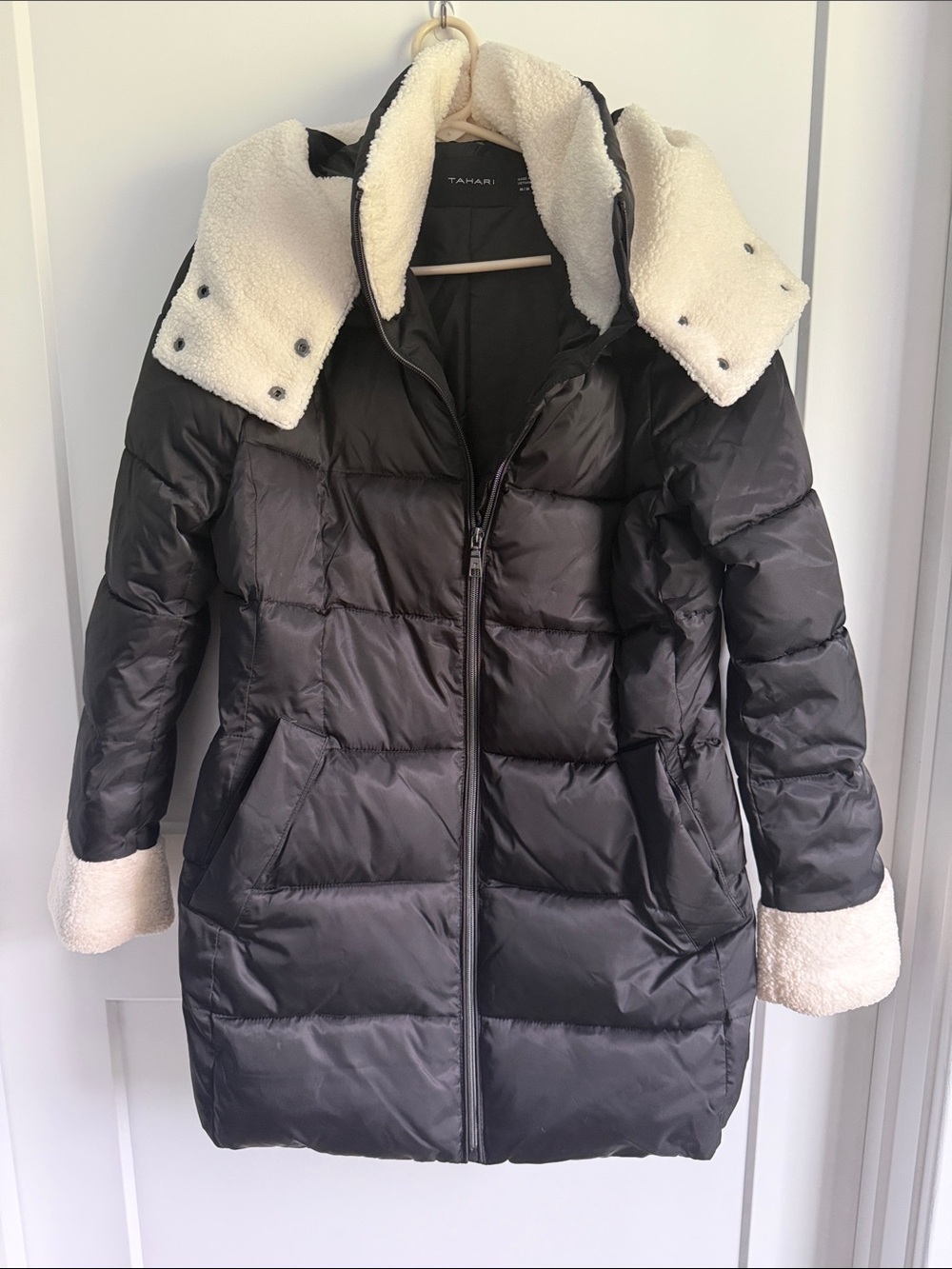 Tahari Black Puffer Coat with Cream Sherpa Trim